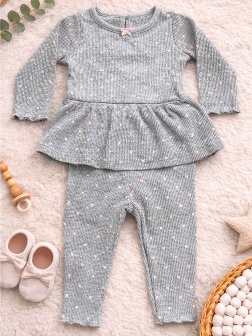 Carter's | Gray | Knit Peplum Top and Leggings Set with Pink Dots